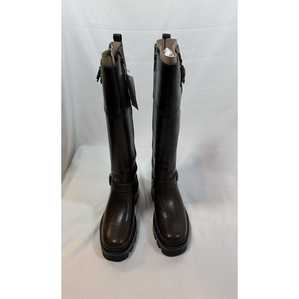 Guess Women's Brown Leather Knee High Riding Boots Lug Sole Side Zip Buckle
